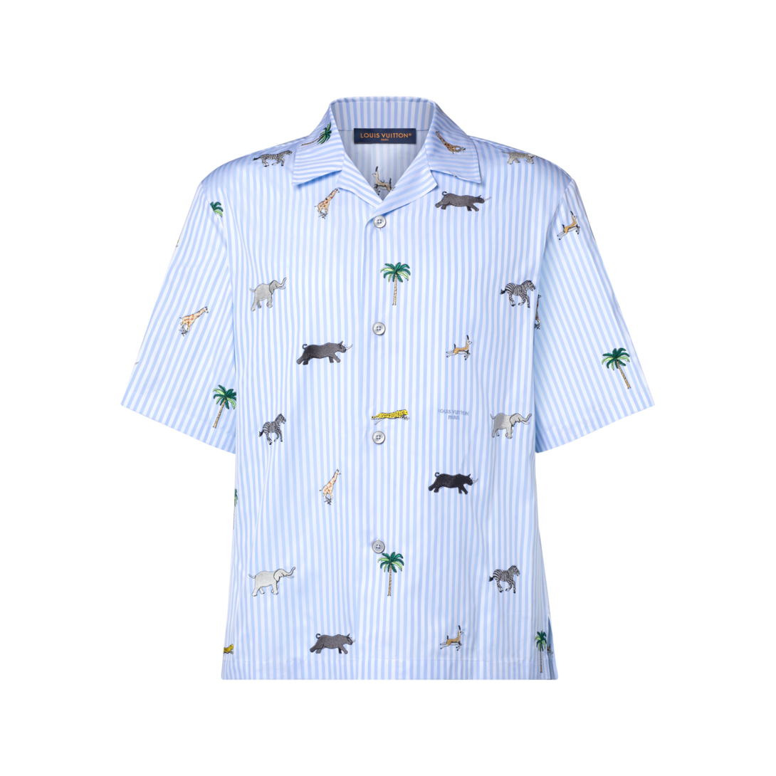 2024SSLOUIS VUITTON 半袖シャツXL ライトブルー LV x The Darjeeling Limited Embroidered Striped Short-Sleeved